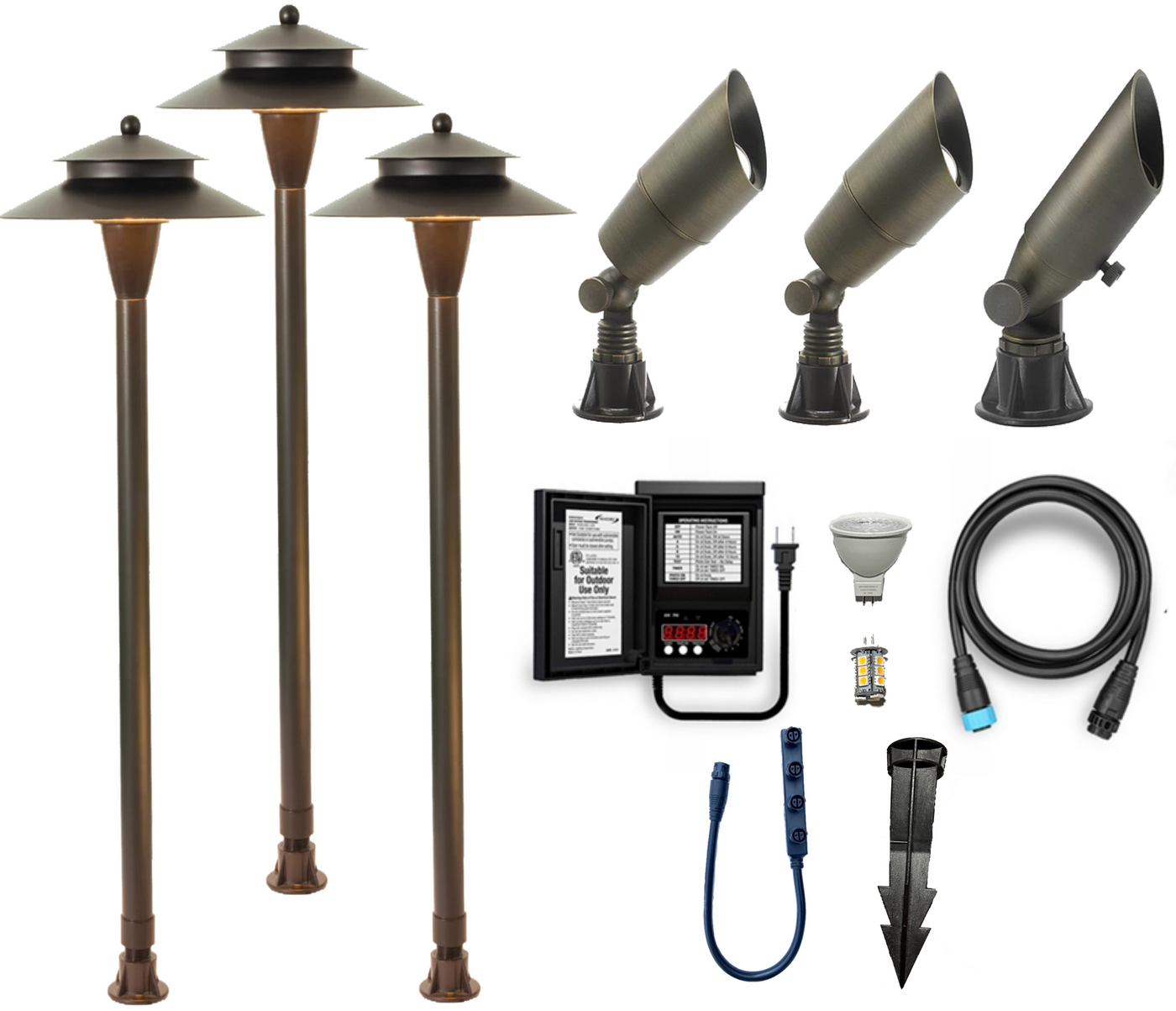 LAWNSHINE Premium Brass 3 Path Light, 3 Spot Light Plug n' Play Landscape Lighting Kit (Midnight Bronze)